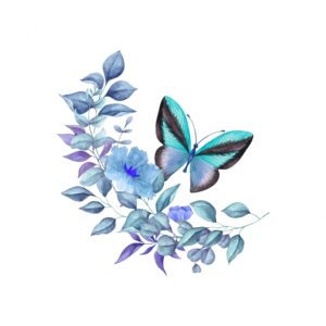 Watercolor flying butterfly decoration with floral bouquet