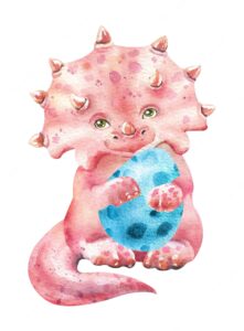 Watercolor triceratops big pink dinosaur with an egg
