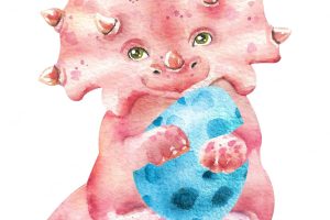 Watercolor triceratops big pink dinosaur with an egg