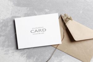 Wedding invitation card mockup with envelope and dry flowers