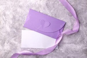 Wedding invitation mockup with trendy very peri envelope sheet of paper