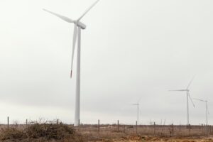 Wind turbines in the field generating energy