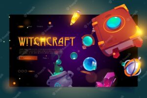 Witchcraft banner with book of spell and cauldron