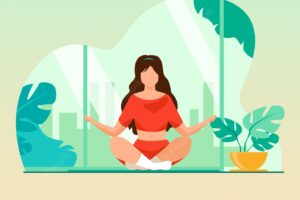 Woman in comfortable posture for meditation flat vector illustration. female character doing morning yoga at home. girl sitting in calm lotus pose. wellness, healthcare and lifestyle flyer template