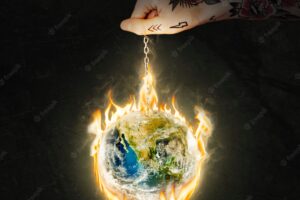 World on fire image, global warming, environment remix with fire effect
