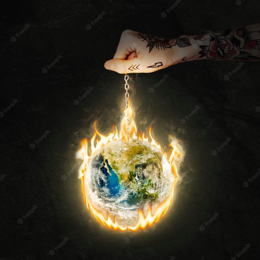 World on fire image, global warming, environment remix with fire effect