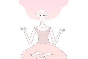 Yoga meditation and healthy lifestyle concept yong white woman flying pink hair