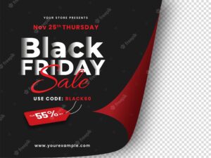 Black friday sale poster design with 55% discount tag on paper curl png background.