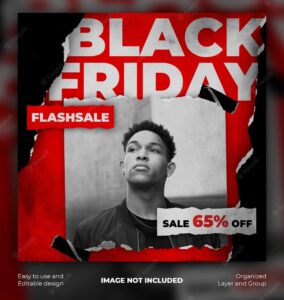 Black friday with torn paper style social media post template or square flyer