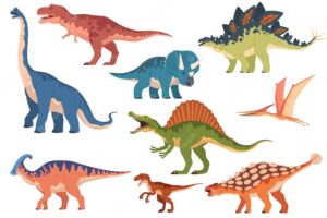 Cartoon colored dinosaurs prehistoric coldblooded footandmouth disease extinct large animals vector illustration
