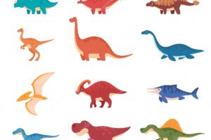Cartoon cute beautiful dinosaurs ancient coldblooded lizards in children cartoon style image of fossil lizards vector illustration