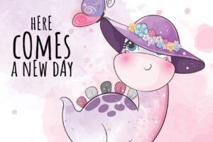 Cute animal little dinosaurs with hat and butterfly illustration-cute animal watercolor