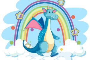 Cute blue dragon on the cloud with rainbow