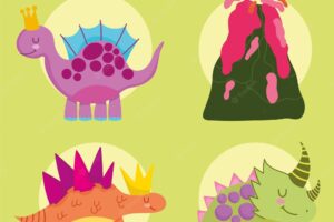 Cute dinos animals extinct and volcano cartoon set