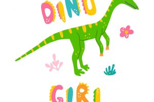 Cute dinosaur baby print compsognathus in flat hand drawn style with hand lettered dino girl