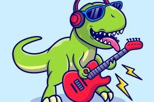 Cute dinosaur playing guitar music cartoon vector icon illustration animal technology icon isolated