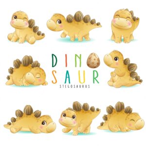 Cute little dinosaur poses with watercolor illustration