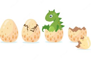Dino or dragon hatching out of crashing egg. flat illustration