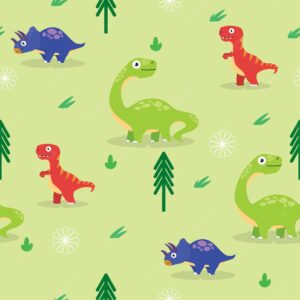 Dinosaur cartoon seamless background with tree and bush ornament for cover vector illustrations