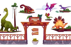 Dinosaur park cartoon characters arrows and gates