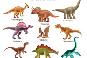 Dinosaurs set with realistic triceratops pterodactyl spinosaurus stegosaurus branchiosaurus and other species isolated vector illustration
