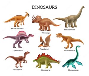 Dinosaurs set with realistic triceratops pterodactyl spinosaurus stegosaurus branchiosaurus and other species isolated vector illustration