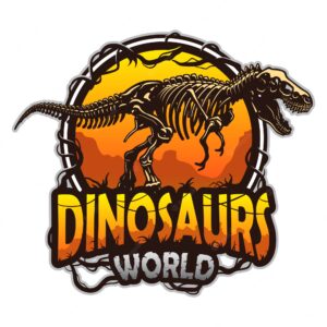 Dinosaurs world emblem with tyrannosaur skeleton. colored isolated on white background