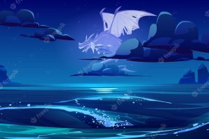 Fairy tale dragon ghost flying in sky under sea at night. vector cartoon illustration of fantasy scary creature, soul of dead mythology beast with wings in dark sky with clouds