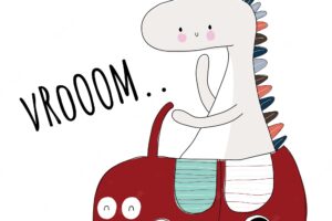 Flat cute animal dinosaurs on the car illustration for kids cute dino character