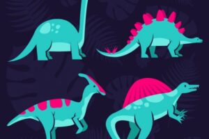Hand drawn green dinosaurs with pink details