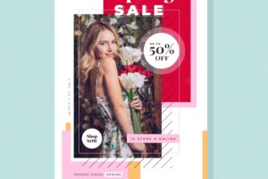 Hand drawn spring sale flyer template with photo
