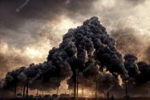 Heavy dark smog cloud rising up over chimneys of plants