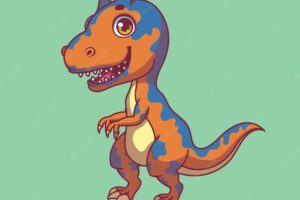Illustration of a cartoon allosaurus on colorful background