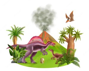 Jurassic period landscape composition with realistic dinosaurs egg volcano and ancient plants vector illustration