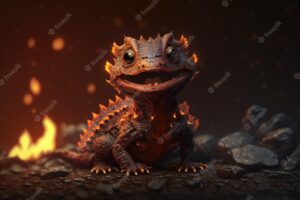 Little cute dragon is sitting on the rocky ground and fire is in the background generative ai