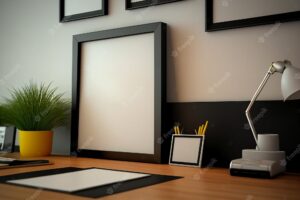 Mock up minimal wooden picture poster frame mockup in home office generative ai