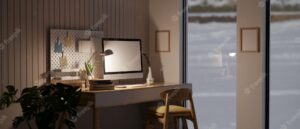Modern contemporary and cozy home workspace near the window with computer mockup