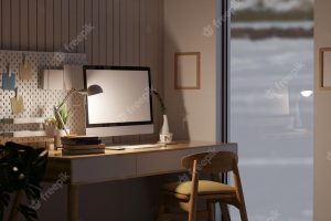 Modern contemporary and cozy home workspace near the window with computer mockup