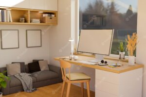 Modern minimal home workspace interior design with minimal computer desk against the window