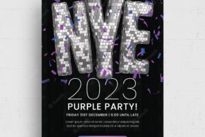 New year's eve event nye party with purple disco ball style flyer template in psd