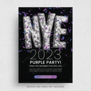 New year's eve event nye party with purple disco ball style flyer template in psd