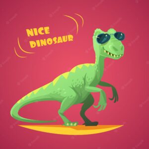 Nice funny green dinosaurus in sunglasses cartoon character toy on red background poster print abstr
