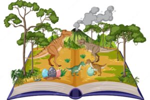 Opened book with various dinosaurs in the forest