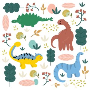 Pattern design fabric collection of dino in forest