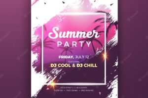 Pink grunge summer party flyer template with palm trees
