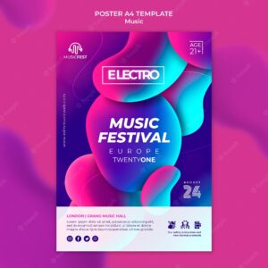 Poster template for electro music festival with neon liquid effect shapes