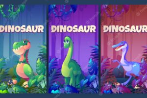 Posters with dinosaurs in prehistoric jungle cute baby diplodocus tyrannosaurus rex and velociraptor characters vector banners with funny raptor and herbivore dino in forest
