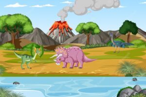 Prehistoric forest background with dinosaur cartoon