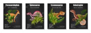 Realistic herbivore and carnivore dinosaurs poster set with information about parasaurolophus spinosaurus tyrannosaurus and velociraptor on black background isolated vector illustration