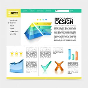 Realistic infographic design website with marketing pyramid graph colorful bars check marks ribbon banners text illustration